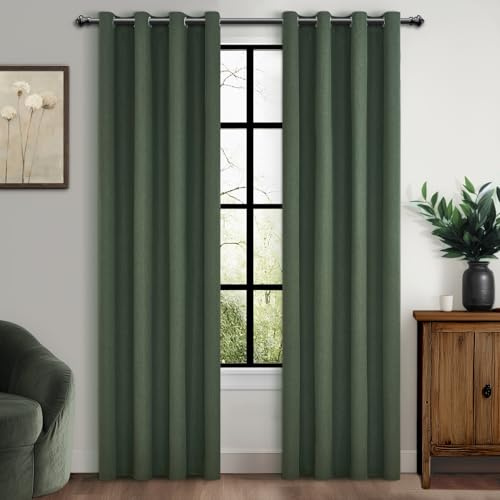 MRTREES Gardiner ogenomskinliga av linneutseende 100 % ljusbeständiga, gardiner med öljetter, set om 2 stycken H 235 x B 140 cm, termogardin, köldskydd för sovrum vardagsrum, olivgrön