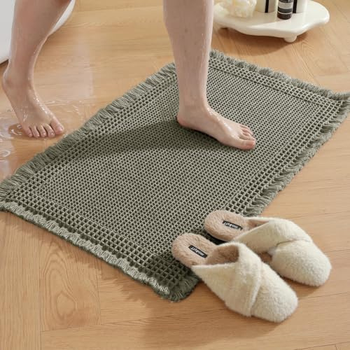 YSTELLAA Alfombra Baño 40x60cm, Alfombrilla Baño Antideslizante Secado Rápido, Alfombrilla Ducha Lavable A Máquina, Alfombra Ducha Súper Absorbente, para Bañera, Ducha Y Baño, Verde Oliva