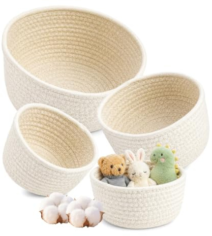 WENXINWIN Lot de 4 paniers de rangement tressés ronds en coton empilables pour décoration de chambre à coucher, salon, bureau (blanc)
