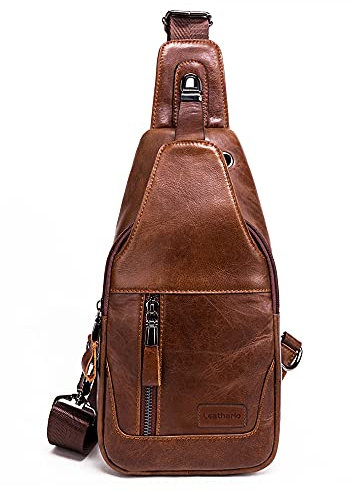 Leathario Herren Brusttasche Leder Sling Bag Crossbody Bag Brustbeutel Schulterrucksack Sling-Rucksack für Freizeit Outdoorsport Reisen Wandern Schule Braun