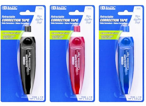 BAZIC Products Retractable Correction Tape 5 mm x 196, Easy to Use Applicator Tapes Roller White Out, for Instant Corrections for Office School & Home, 3-Pack