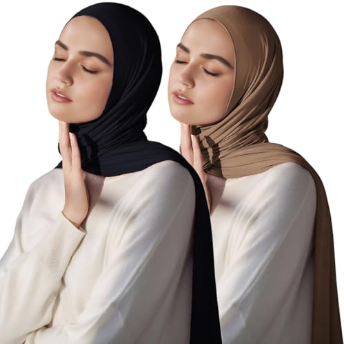 Harewom Muslim Hijab for Women Scarf Large Headscarves Soft Head Scarves Long Turban Headwraps Tie Stretch Hair Wraps Headbands (Black,Camel)