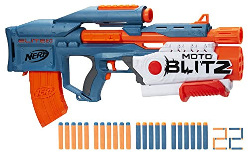 NERF Elite 2.0 Motoblitz Blaster mit Zielfernrohr, motorisiertes 10-Dart-Strahlen, Airblitz 6 Darts, 22 Darts, Outdoor-Spielzeug für 8-jährige Jungen und Mädchen