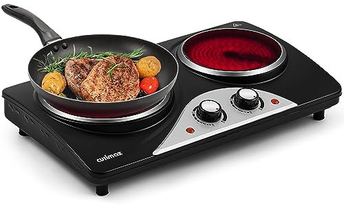 CUSIMAX Electric Hobs - 2100W Double Hot Plate with Infrared Heating, Temperature Control & Crystallite Glass Plates, Black Stainless Steel Easy to Clean