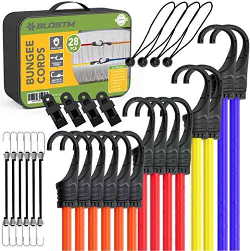 BLOSTM Premium Bungee Cords with Hooks - Heavy Duty Set of 28 | UV Resistant Bungee Straps Set with Tarp Clips & Flag Bungees, Non-Scratch Bungee Cords with Balls & Tarpaulin Clips
