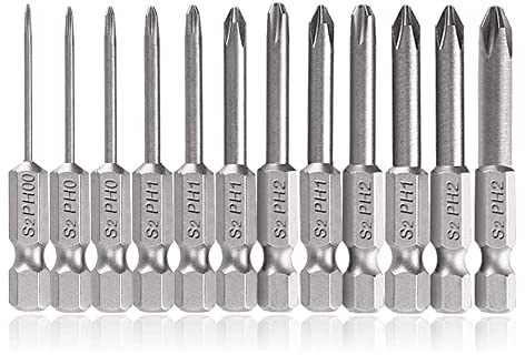 Fixinus 12 stycken skruvdragarbits, 1/4 tum magnetisk sexkantsskaft, korshuvud-skruvmejsel-bitssats, PH00 PH0 PH1 PH2 borrverktygstillbehör, 50 mm längd