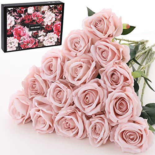 Cloudecor 15Pcs Artificial Roses Velet Real Touch Single Stem Fake Roses Silk Realistic Bouquet Flowers Arrangements Home Office Party Wedding Decoration (Round Roses - Light Pink 15p)