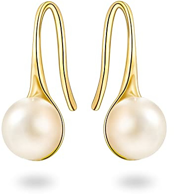 14K Gold Pearl Earrings for Women: Seashell 18K White Gold Plated Small Oval Silver Pearls Dangle Drop Earring for Woman, Small, Yellow Gold Plated, Created Pearl No Gemstone