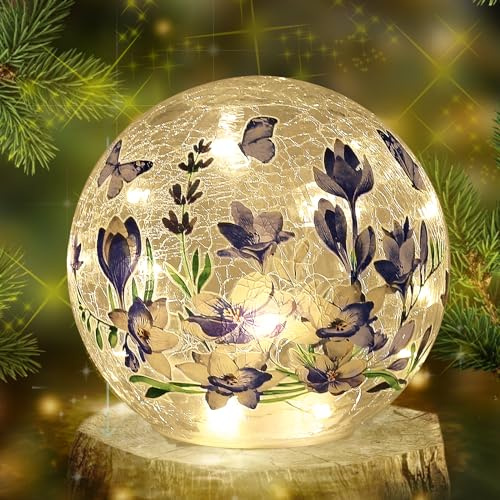 Sphere Glass Crystal Lamp (Timer – Auto 6 Hours On) Featuring Blue Flowers and Green Grass Designs, Decorative Glass Light Craft LED Light for Home Decor