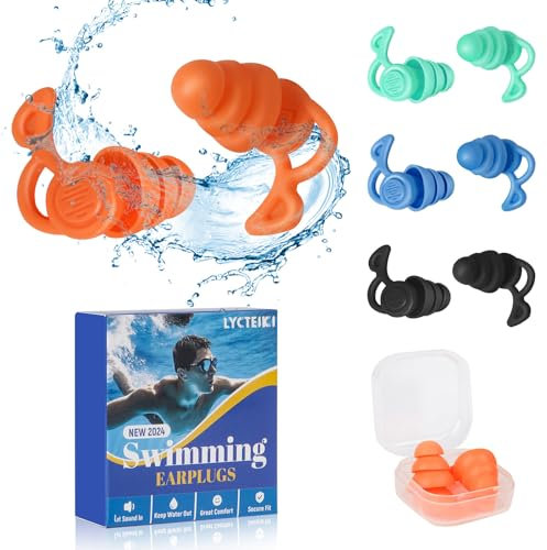 LYCTEIKI Schwimmen Ohrstöpsel für Erwachsene, 4 Paar Wasserdichte Wiederverwendbare Weich Silikon Ohrstöpsel, Ohrschutz für Ideal zum Surfen, Dusche,Tauchen, und Anderen (Schwarz+Blau+Orange+Grün)
