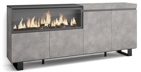 Skraut Home | Aparadores para salón | Gran Capacidad de almacenaje | 210 | 4 Puertas | Chimenea eléctrica XXL | Diseño Industrial | Estilo Moderno | Cemento