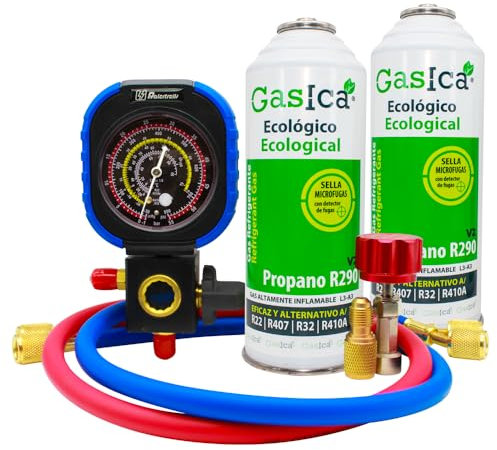 Ralertreik Pack Gasica V2 Gas Refrigerante Organico Sustituto del R22/R407/R32 y R410A (2 Botellas + Manometro + Llave)