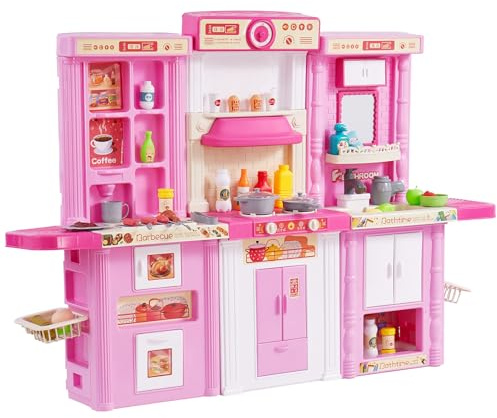VEVOR Kinderküchen-Spielset, 3-in-1-Kleinkinderküche mit simuliertem Sprühnebel, Geräuschen & Lichtern, Spielküchenset mit 74-teiligem Kochzubehörset für Kinder im Alter von 3–8 Jahren, pink