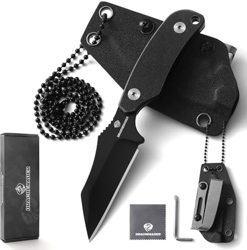 DRACHENADER X-WH Couteau De Cou, Wharncliffe D2 Acier, Lame De 7, 6 cm Neck Knife Mini, Full Tang, Avec Étui En Kydex, Chaîne À Billes Et Clip Ceinture