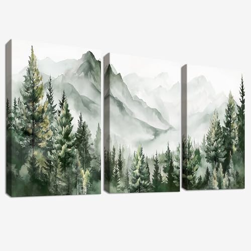 3 st träramar med akvarellmålning av bergskedja på canvasväggkonst Canvas-tryck Grön skog Träd Modern vildmarksmålning Bild för vardagsrum Sovrum Hall Hemväggdekoration 90x40cm (12”x16”x3st)