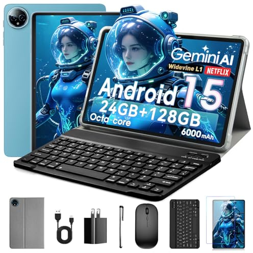 Aobante 10 Inch Tablet, Android 15 With 24GB RAM + 128GB ROM (1TB Expandable), Octa-Core, 1280x800 IPS HD Touchscreen, 5MP+8MP Dual Camera, 6000 mAh, Keyboard, Mouse, Widevine L1(Blue), Gemini AI