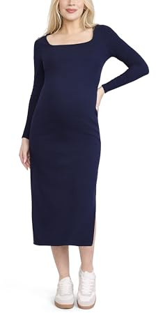 Motherhood Maternity Women's Long Sleeve Ribbed Square Neck Bodycon Casual Pregnancy Dress, Peacoat, Medium