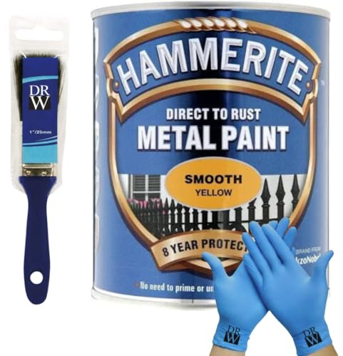 DRW Hammerite Direct to Rust Metal Paint Smooth Yellow 250ml 1 Paint Brush & Free Nitrile Gloves | Durable Anti-Rust Protection for Indoor & Outdoor Metal