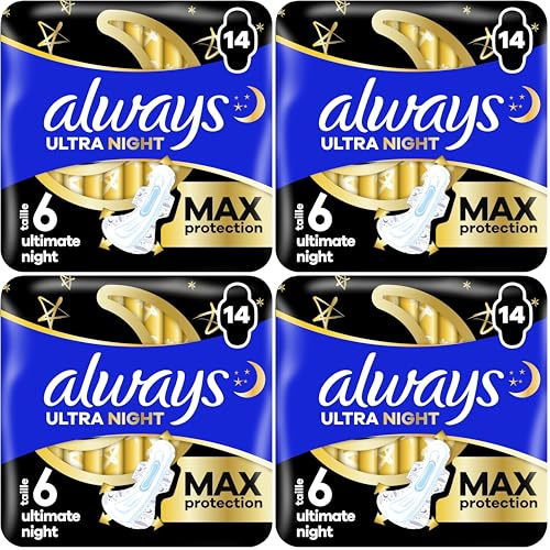 Always Serviettes Menstruelles Ultimate Nuit (Taille∘6) Ailettes x 14, Super Absorbantes, Pour Règles
