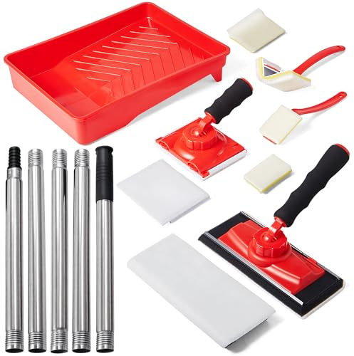 ‌Paint Edger Tool Kit, 9-Inch Pad Set with 5-Section Threaded Extension Rod, 10 Pcs Set with Trim Touch-Up Pads, Corner & Ceiling Painter, 360° Rotating Handle Paint Edger with Refill Pads