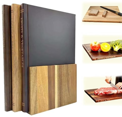 Set 3 Tablas de Corte a Doble Cara, Ligeras Tabla de Cocina con Forma de Libro en Madera, Resistentes Tablas de Desayuno con Soporte, Trinchar Tabla para Carne, Jamon, Pan, Quesos