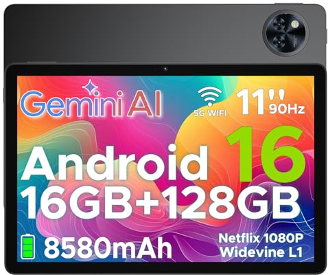 DOOGEETab U11 Android 16 Tablet 11 Pollici Gemini AI 16GB RAM +128GB ROM (2TB TF) 8580mAh,Unisoc T7200 Octa-Core 13MP+5MP Gaming Tablet PC WIFI 5/ GMS/ WidevineL1/GPS/Face ID/OTG/ 3.5mm Audio,Nero