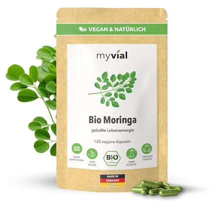 Bio Moringa Kapseln hochdosiert 120 Stück vegan ohne Zusätze plastikfrei verpackt 400mg feines Blattpulver aus Moringa Oleifera Pflanze produziert in Deutschland