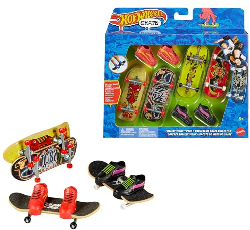 Hot Wheels Skate Tony Hawk Fingerboard & Removable Skate Shoes Multipack, 4 Fully Assembled Boards, 2 Pairs of Skate Shoes, 1 Exclusive Set (Styles May Vary), HGT84