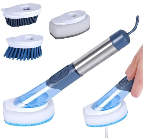 Masthome Brosse à Vaisselle avec Distributeur de Liquide - 4 Têtes de Rechange Différentes pour Casserole, Poele et Evier Nettoyage