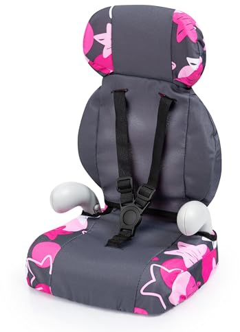 Bayer 67573AA Deluxe Puppenautositz, Puppensitz, Sitz für Puppen mit Gurt, Puppenzubehör, Autositz, grau, pink mit Sternen Muster