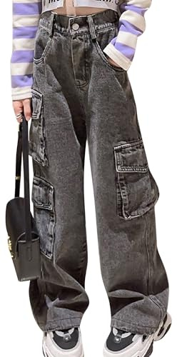 Happy Cherry Pantaloni da ragazza in denim a gamba larga e stile baggy, jeans retrò Y2K per adolescenti 5-15 anni, grigio, 11-12 Anni