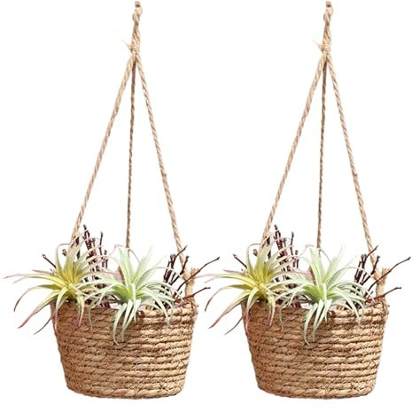 BEIJIALY 2er-Pack Hängender Pflanzkorb aus Seegras, Gewebter Rattan-Pflanzenaufhänger, Hängender Rattan-Pflanzgefäß, Makramee-Pflanzenaufhänger, Blumentopfhalter für Garten, Draußen,(Braun)