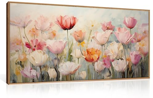 HPNIUB Large Nature Wildflowers Framed Wall Art Pink Floral Canvas Oil Painting Modern Aesthetic Wall Decor Abstract Flower Artwork for Living Room Bedroom Decor -20x40