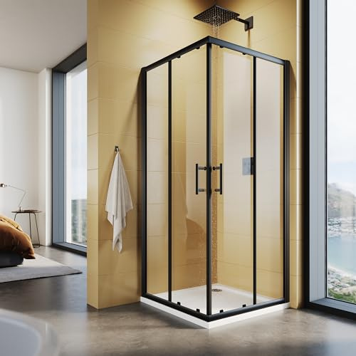 SUNXURY Duschkabine 90x90x195cm Eckeinstieg mit Doppel Schiebetüren Schwarz Rahmen 5 mm Sicherheitsglas (ESG) Klar Montage auf Duschwanne oder Fliese