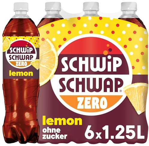 SCHWIPSCHWAP Lemon ohne Zucker – Koffeinhaltiges Cola-Erfrischungsgetränk mit Orange und Zitrone in Flaschen aus 100% recyceltem Material, EINWEG (6 x 1.25 l)