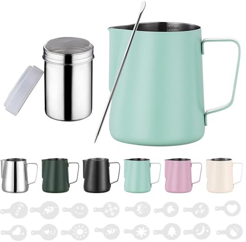 Zuquik Brocca per latte in acciaio inox, 600 ml, barista con misurazione Mark 20oz, bricco per latte con spargitore per cacao, 16 stencil e penna per cappuccino e espresso, verde menta