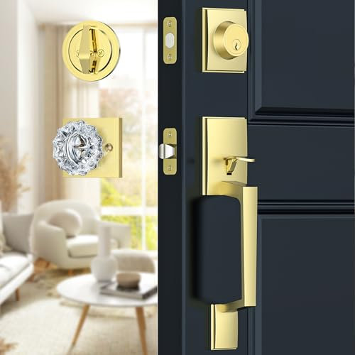 Calzibeno Brushed Gold Front Door Lock Set with Glass Door Knob Modern