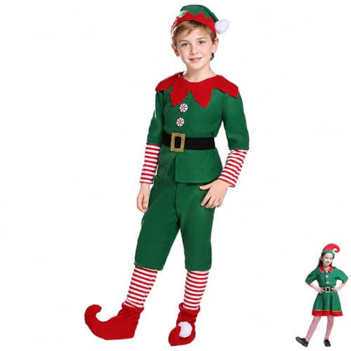 Funjoyz Elfe de Noël Costume Enfants Filles Garçons,Ensemble de Costumes d'elfe de Noël Vert,Costume pour Noël Nouvelle Année Cosplay Carnaval Mascarade Halloween 90-160 CM