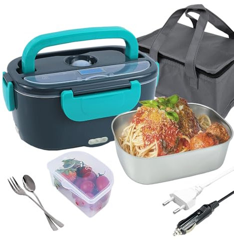 VHV Ciotola riscaldata da 1,5 l, 80 W, con scatola termica elettrica, 12 V/24 V/220 V, in acciaio inox, con lunchbox rimovibile, per auto, ufficio, scuola, con borsa termica per pranzo riscaldata