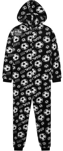 Get Trend Pijama Niño Entero Cremallera, Ropa de Dormir Adolescentes, Mono Cálido de Fútbol con Capucha, Ideas Regalo (9-10 Años, Negra Fútbol)