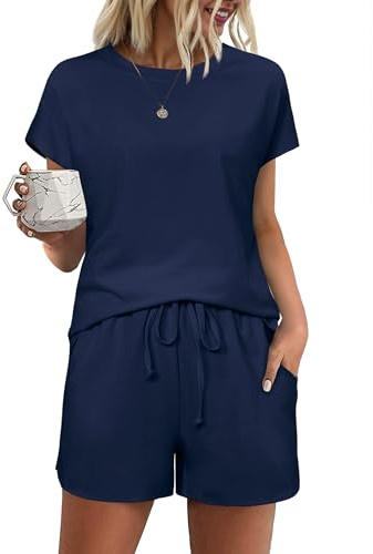 Bresdk Pigiama Donna con Cotone Estivo Corto Pigiami Donna Leggero Due Pezzi Comodo Casa Manica Corta con Coulisse per Casa e Casuale