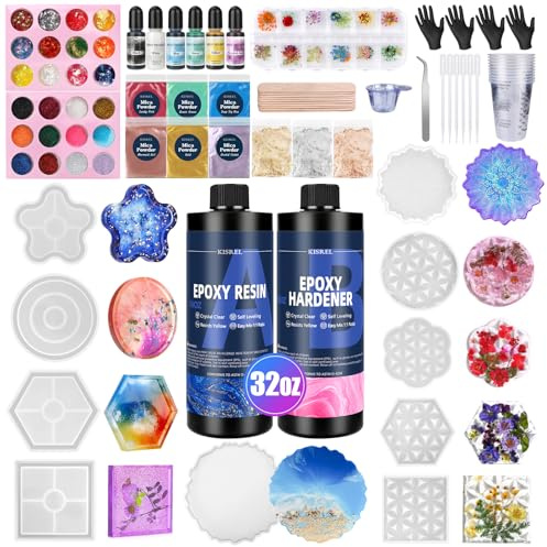 Epoxidharz-Set für Anfänger, 900 ml, Harz-Set mit Untersetzer-Formen, komplettes Zubehör enthält Pigment, Glimmerpulver, getrocknete Blumen, Glitzer, Messbecher und andere Harzprodukte