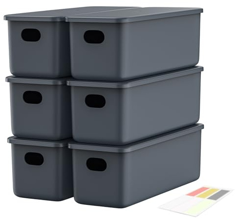 johgee 6 scatole di immagazzinaggio con coperchio, in plastica, con manici, scatole di immagazzinaggio, organizer con adesivi, per cucina, scaffale, armadio, bagno, grigio