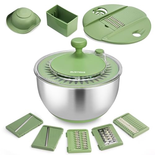 SUSTEAS Stainless Steel Salad Spinner, Lettuce Spinner with 5 Blade Slicer