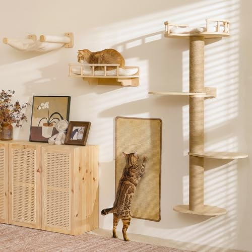 FUKUMARU Set de Pared de Escalada para Gatos, 4 en 1 Mueble de Pared Estable de Madera Multicapa con Hamaca, estantes, Poste rascador y Alfombra de sisal – Kletterwand Ahorra Espacio (Beige)
