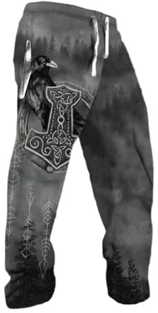 Herren Jogginghose mit Wikinger Motiv - Freizeithose mit Thorhammer und Rabe Grafik-Druck | Nordische Mythologie Kleidung für Männer