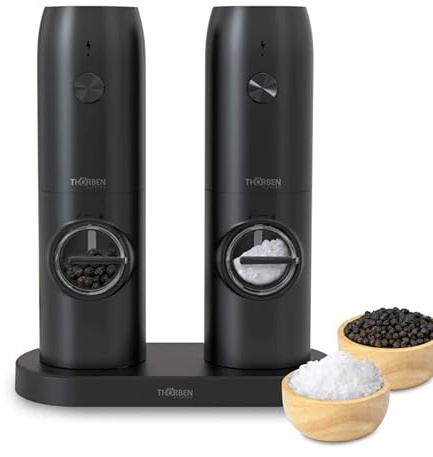 Thörben Molinillos de Especias Eléctricos, Set de Sal y Pimienta, Recargable USB-C, Núcleo de Molienda Cerámico, Ajuste de Grosor, luz led inferior y base de carga/almacenamiento, Uso con una mano