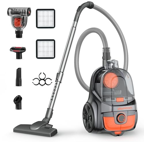 Aspiron Canister Vacuum, Upgraded 1600W Bagless Canister Vacuum Cleaner, Auto Cord Rewind, H13 HEPA Filter, 4Qt Large Capacity, 5 Tools for Hard Floors, Carpet, Pet, Upholstery, Tiles, Tangerine