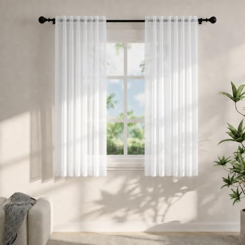 Voile Curtains for Windows 54 Drop, 2 Panels Dual Rod Pocket W56xL54 Inch | Light Filtering Semi-Transparent Sheer Curtains, White Net Curtains for Living Room Bedroom Kitchen