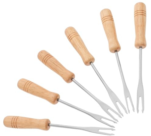 Healeved Juego de 6 Tenedores para Fondue de Queso Mango de Madera, Acero Inoxidable, Multiusos para Aperitivos, Frutas, Helado y Mini Maíz, Ideales para Barbacoas y Cocina Doméstica